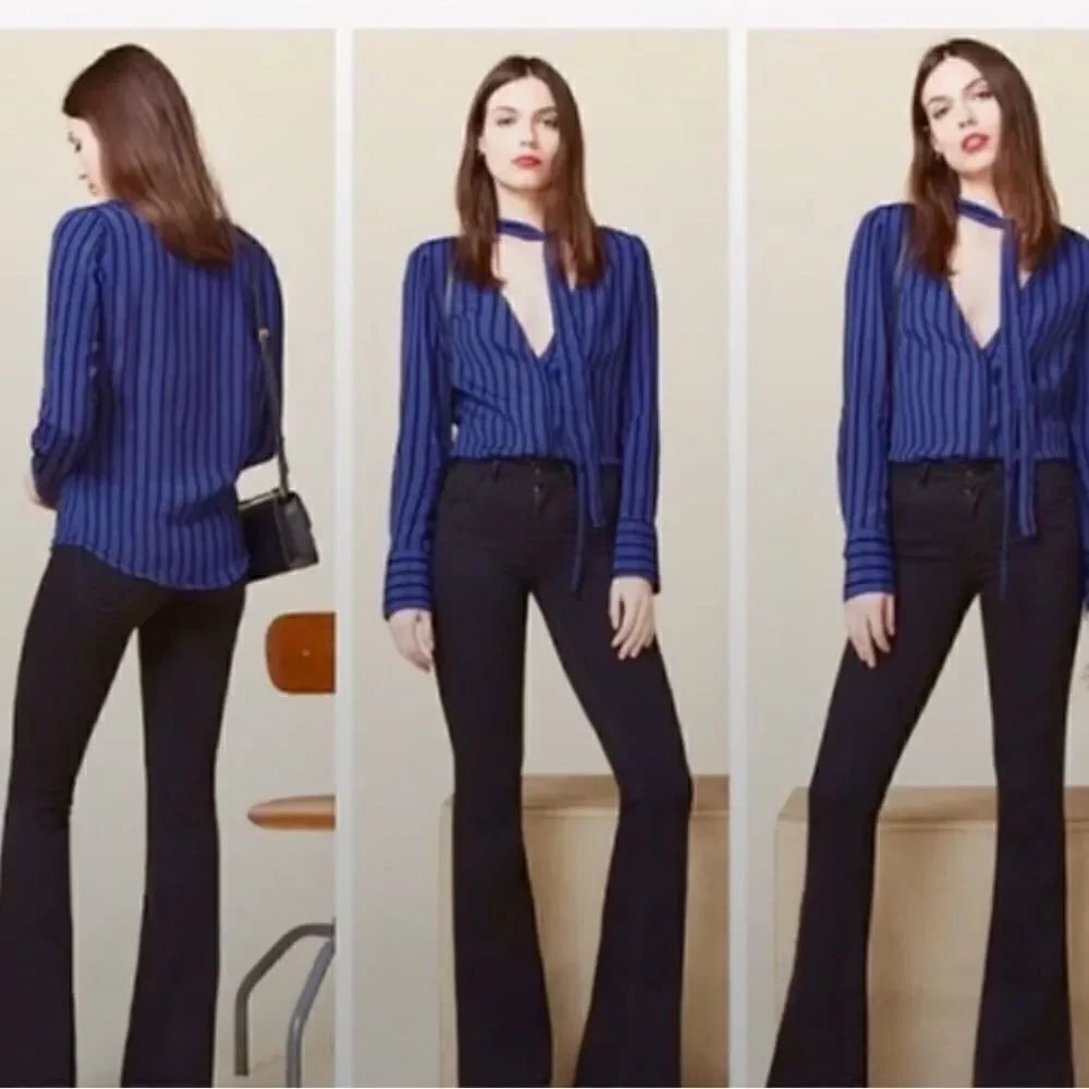 Reformation Eldridge blue stripe tie neck blouse S